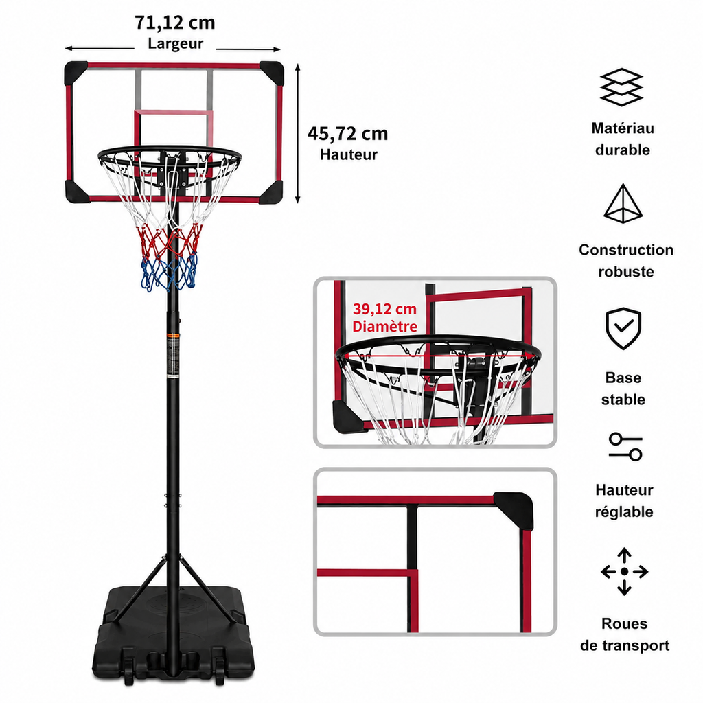 Canestro da basket portatile regolabile in altezza da 170 a 213 cm
