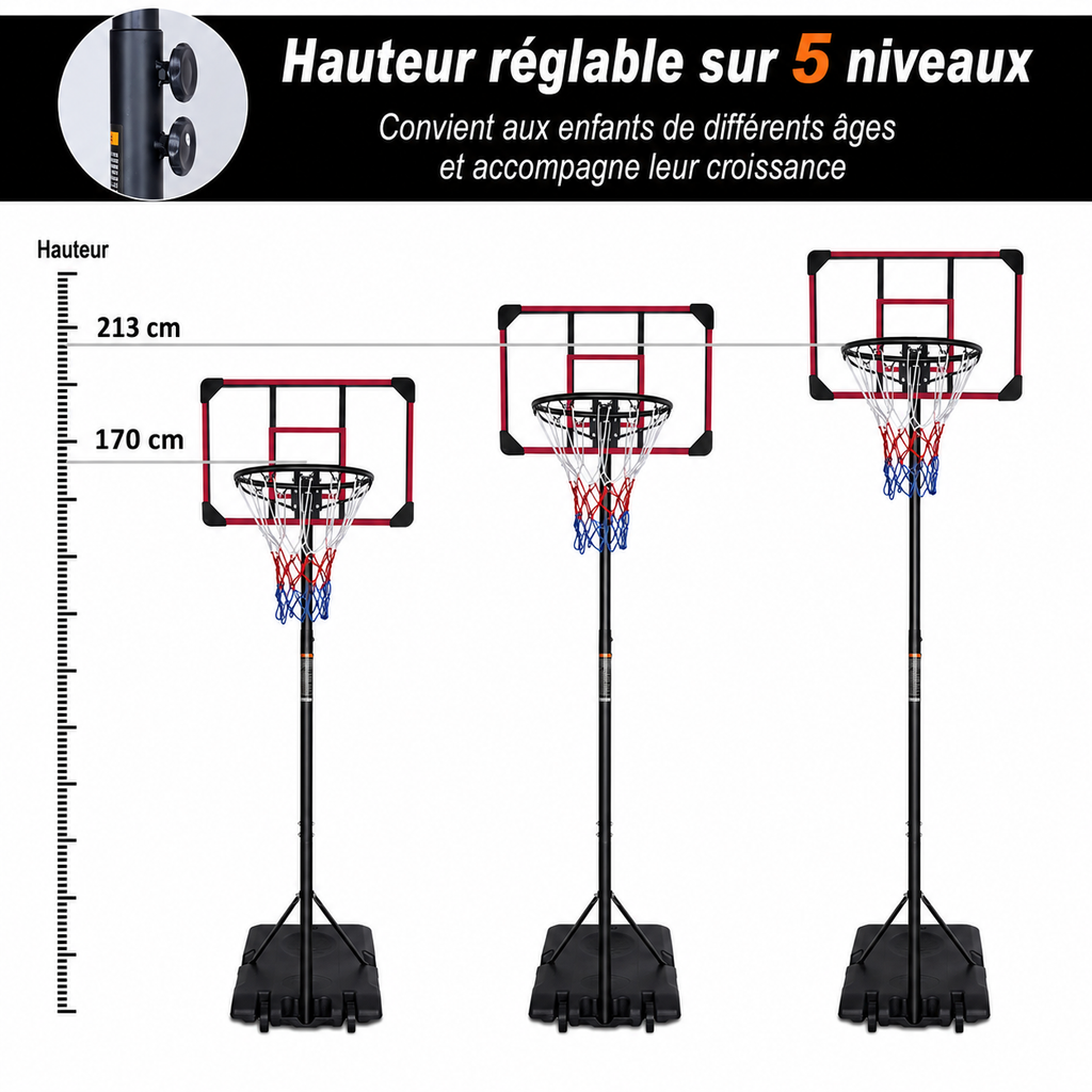 Canestro da basket portatile regolabile in altezza da 170 a 213 cm