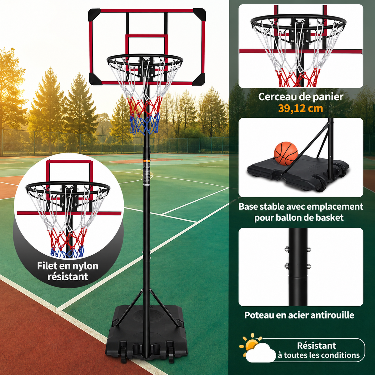 Canestro da basket portatile regolabile in altezza da 170 a 213 cm
