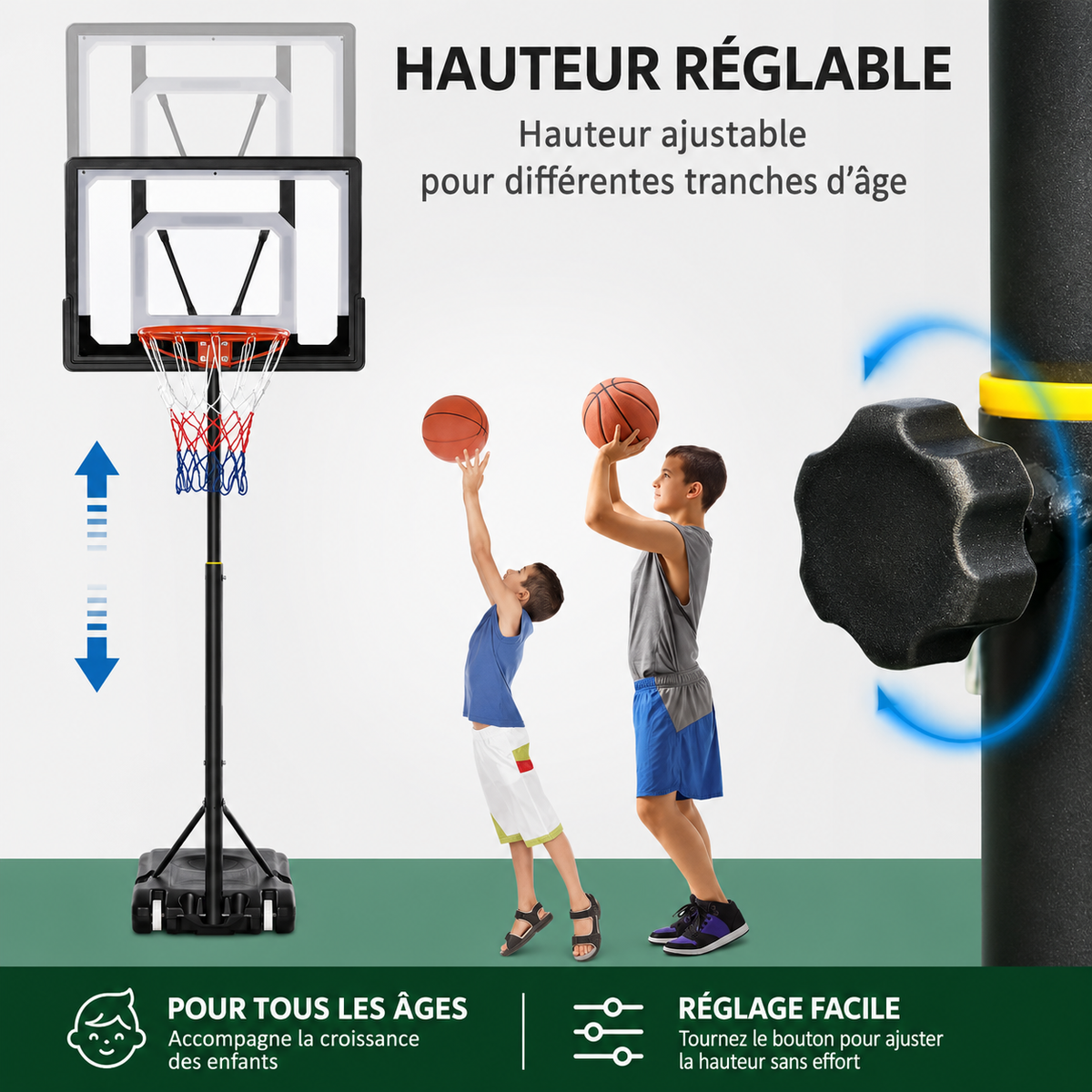 Canestro da basket portatile regolabile in altezza da 206 a 260 cm