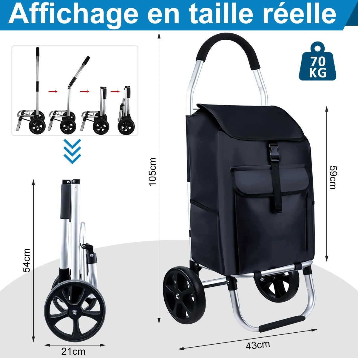 Carrello della spesa robusto e pieghevole 45L
