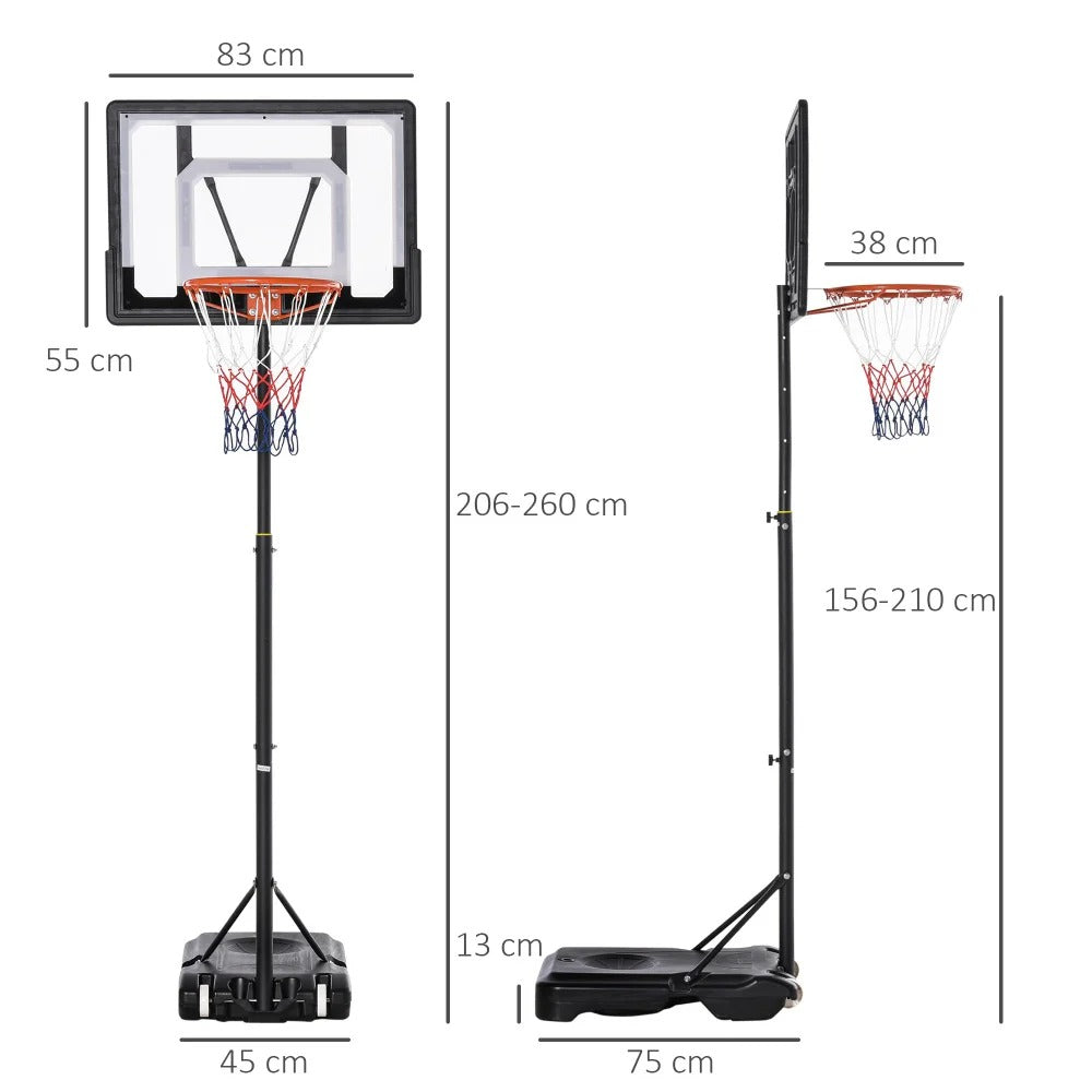 Canestro da basket portatile regolabile in altezza da 206 a 260 cm