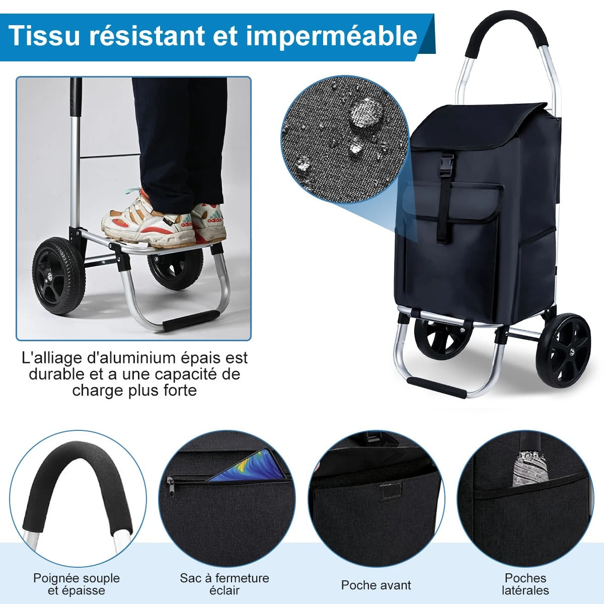 Carrello della spesa robusto e pieghevole 45L